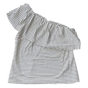 Ann Taylor Cream & Black Striped One Shoulder Ruffle Top Medium